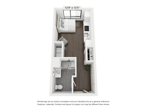 Floor plan for studio, 1 bath, 380 sqft